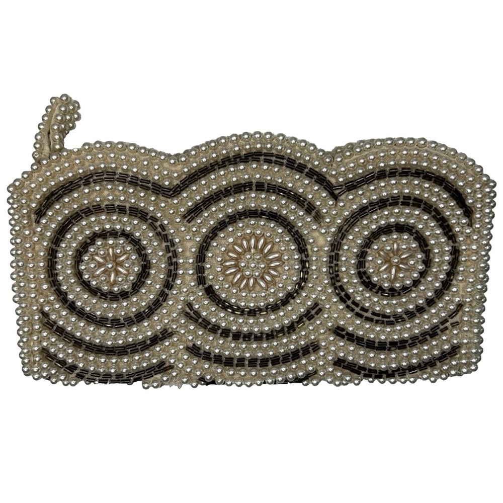 Vintage Emson Japan Hand Made Small Zip Clutch Beaded Purse Off White Ivory